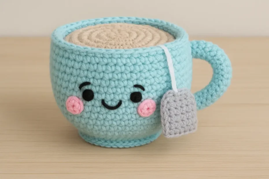 Amigurumi em forma de xícara de chá com expressão sorridente