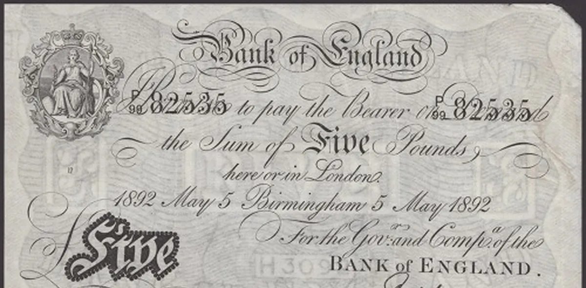 Nota de £5 de 1892 pode alcançar R$ 186 mil em leilão no Reino Unido - Imagem do artigo