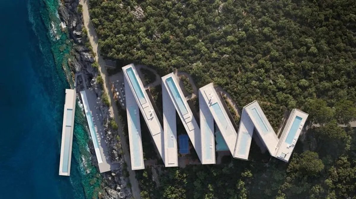 Resort em zigue-zague se integra à paisagem da Riviera Albanesa - Imagem do artigo