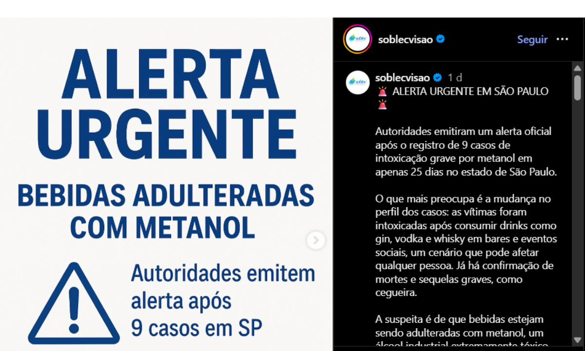 Sociedade de Córnea faz alerta em SP após nove casos graves de intoxicação por metanol - Imagem do artigo