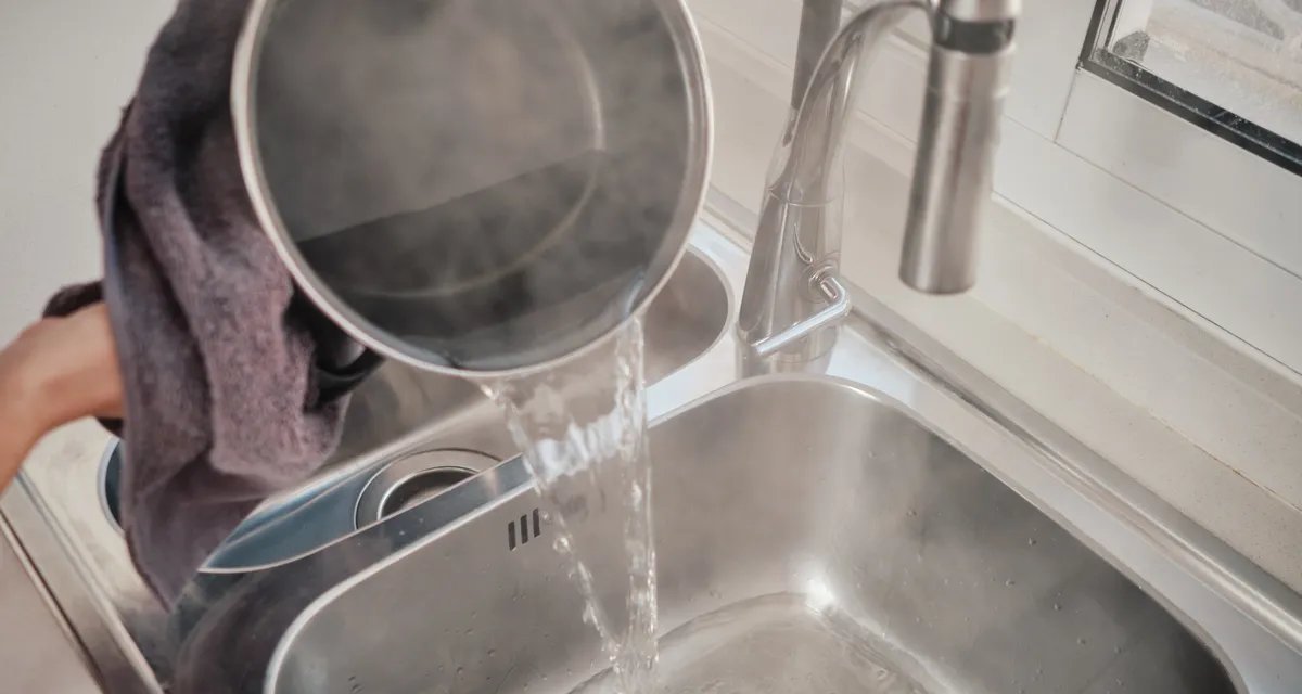 Água fervente na pia pode danificar tubos de PVC, agravar entupimentos e causar acidentes - Imagem do artigo