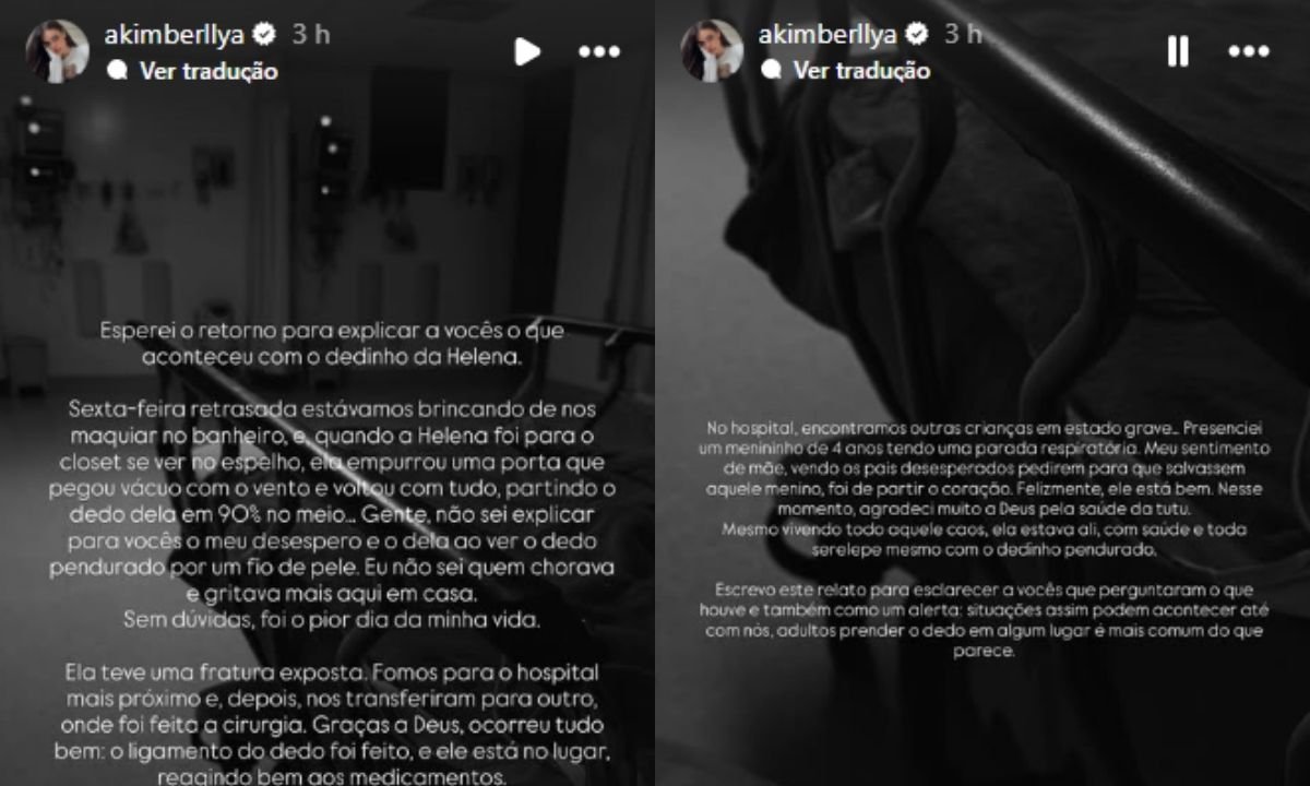 Amanda Kimberlly mostra evolução de Helena após fratura exposta no dedo - Imagem do artigo original