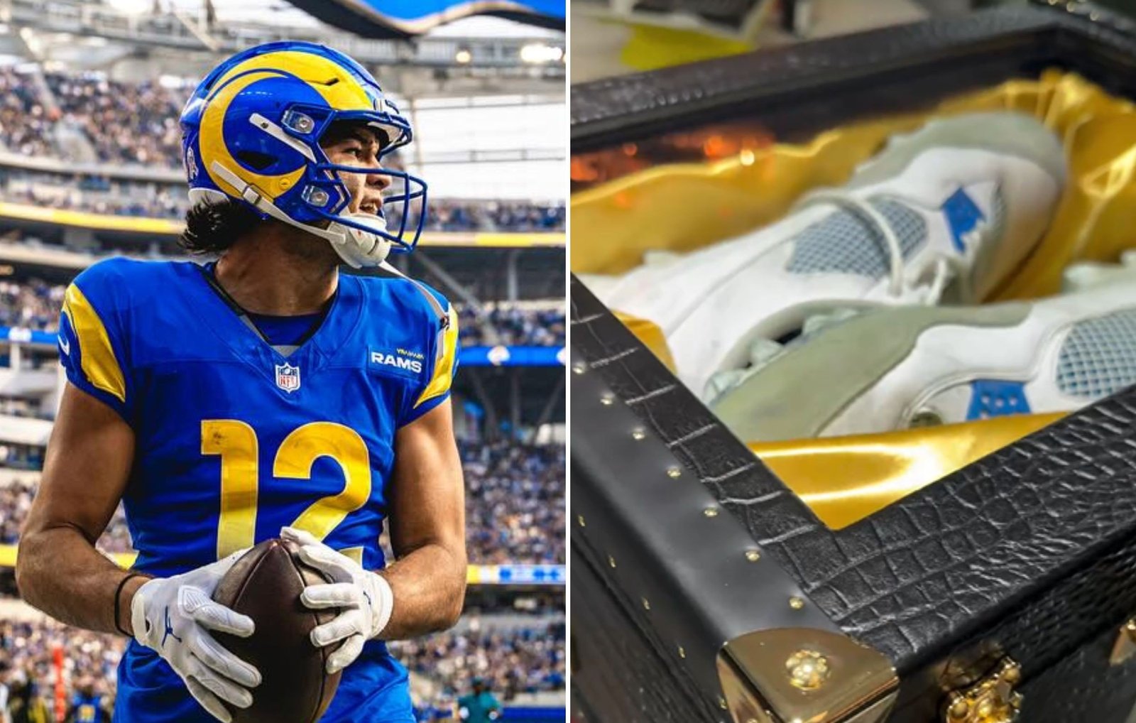 Estojo de luxo em couro de crocodilo e ouro para chuteiras de Puka Nacua chama atenção na NFL - Imagem do artigo